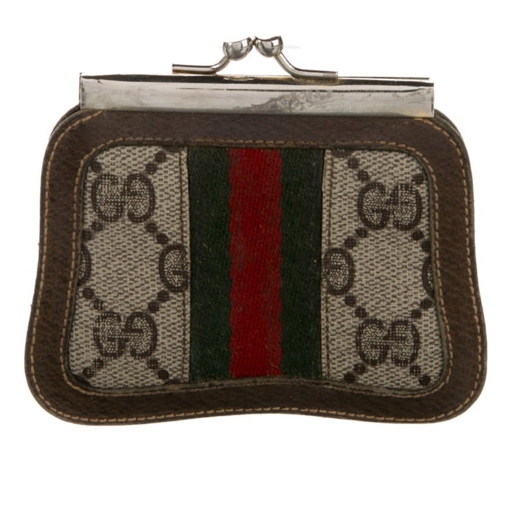 Gucci Brown Logo Canvas Coin Purse with Red and Green Stripe